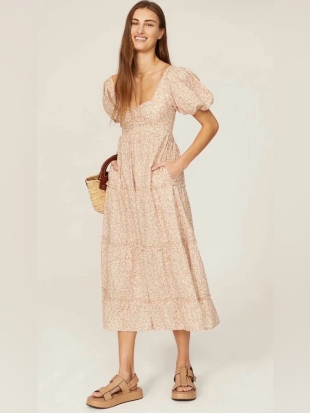 Show Me Your Mumu Odette Midi Dress Ditsy Floral Linen Blend Peasant Feminine L - Picture 6 of 11